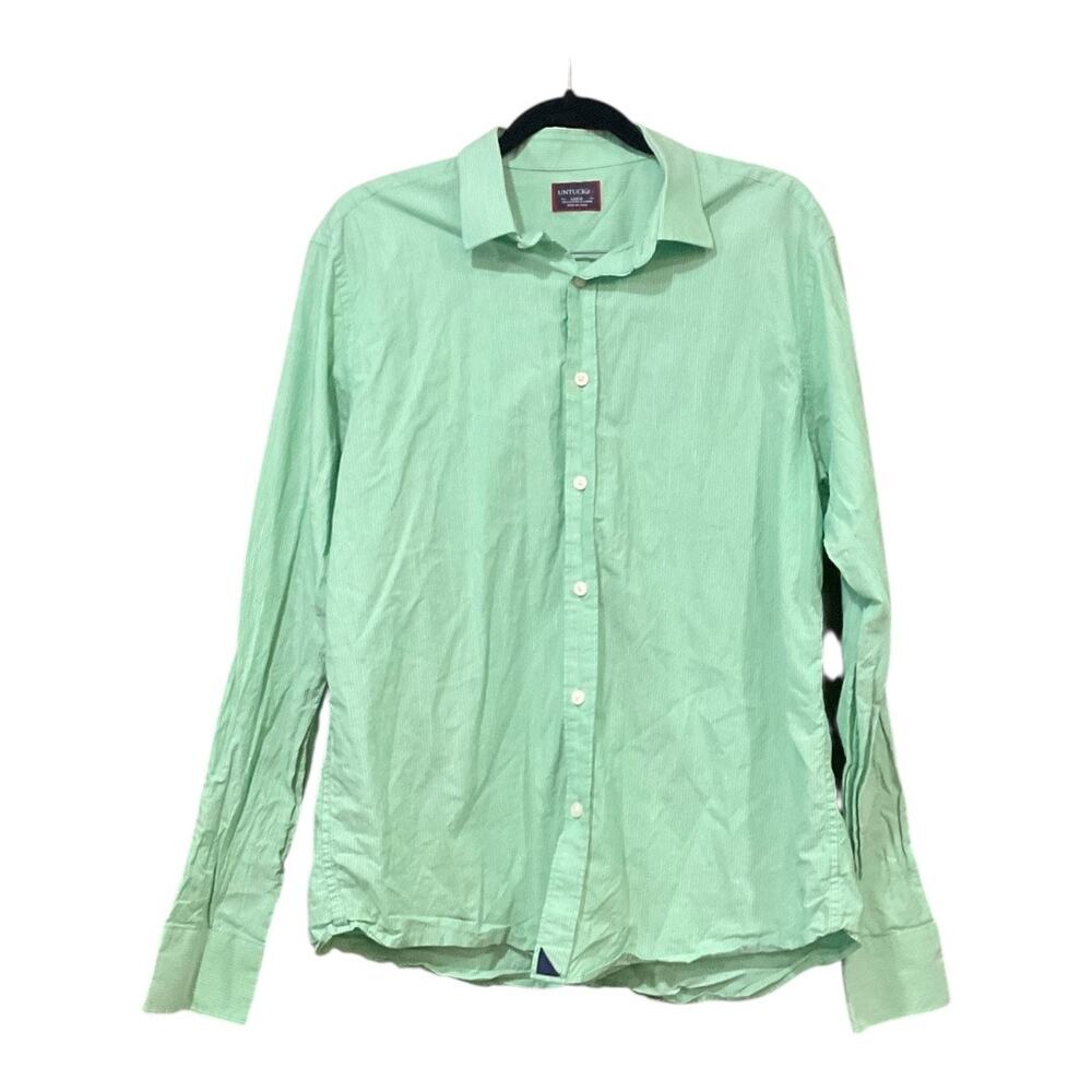 Untuckit Top Men Large Mint Green Stripes Button Up Cotton Linen